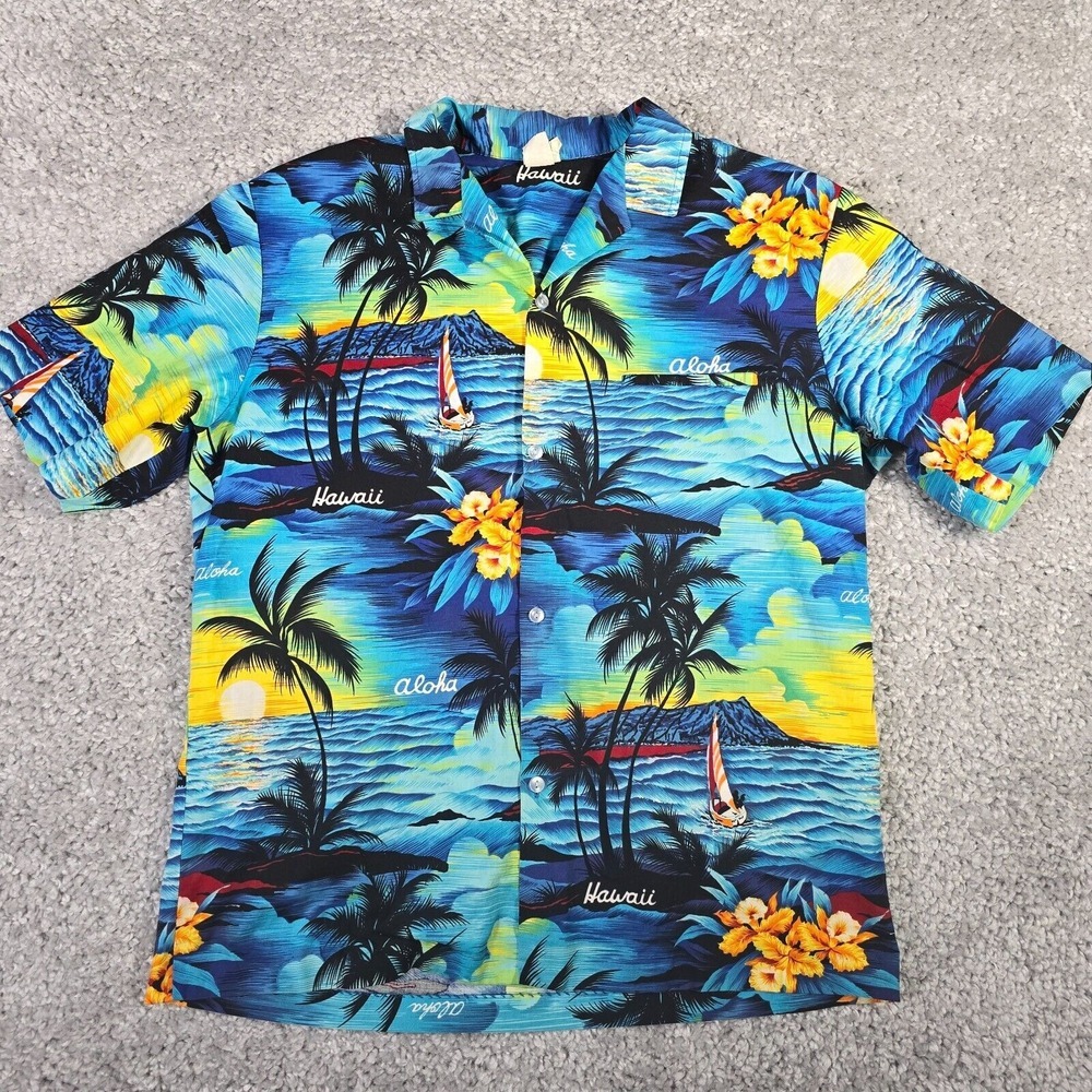 Royal Creations Mens Shirt Size L Blue Hawaiian Palm Tree Sunset Surf Vintage